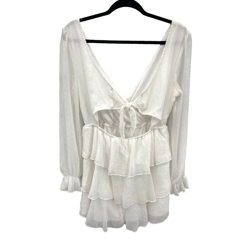 Tiered Ruffle White Mini Dress Womens Large V Neck Romantic Feminine Tie‎ Back - Image 4