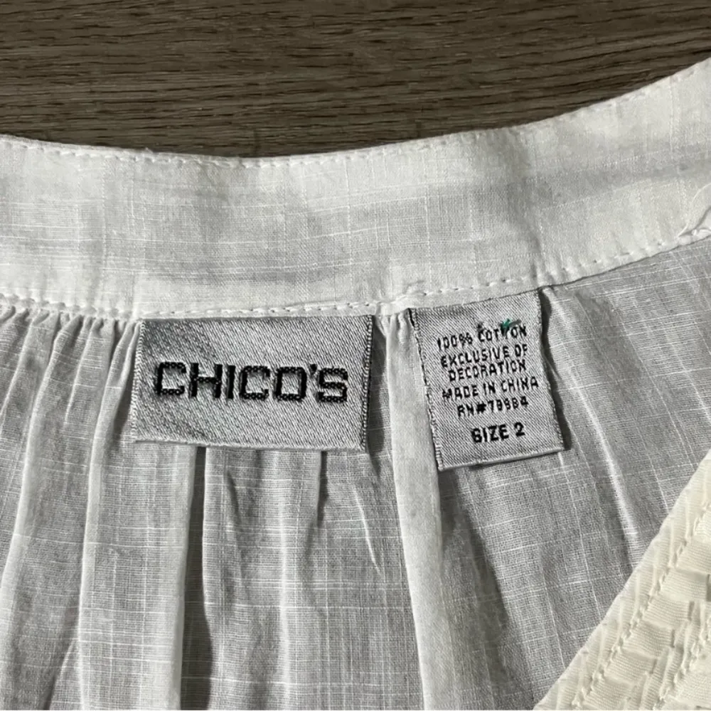 Chico’s rounded bib flavian Tunic Shirt top blouse Women’s 2 White Gauze Linen - Image 3