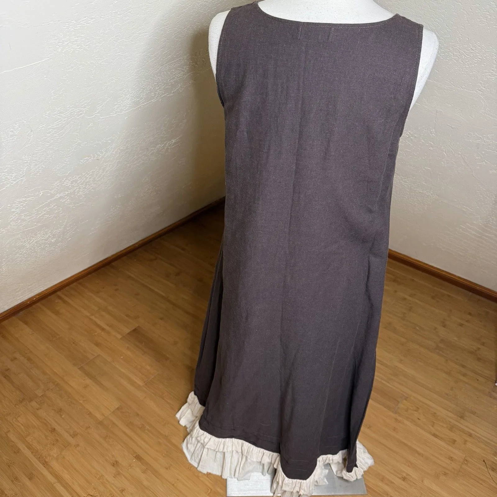 Ragged Thistle Linen Sleeveless Ruffle Hem Dress Brown Womens M Cottagecore Boho Size M - Image 9