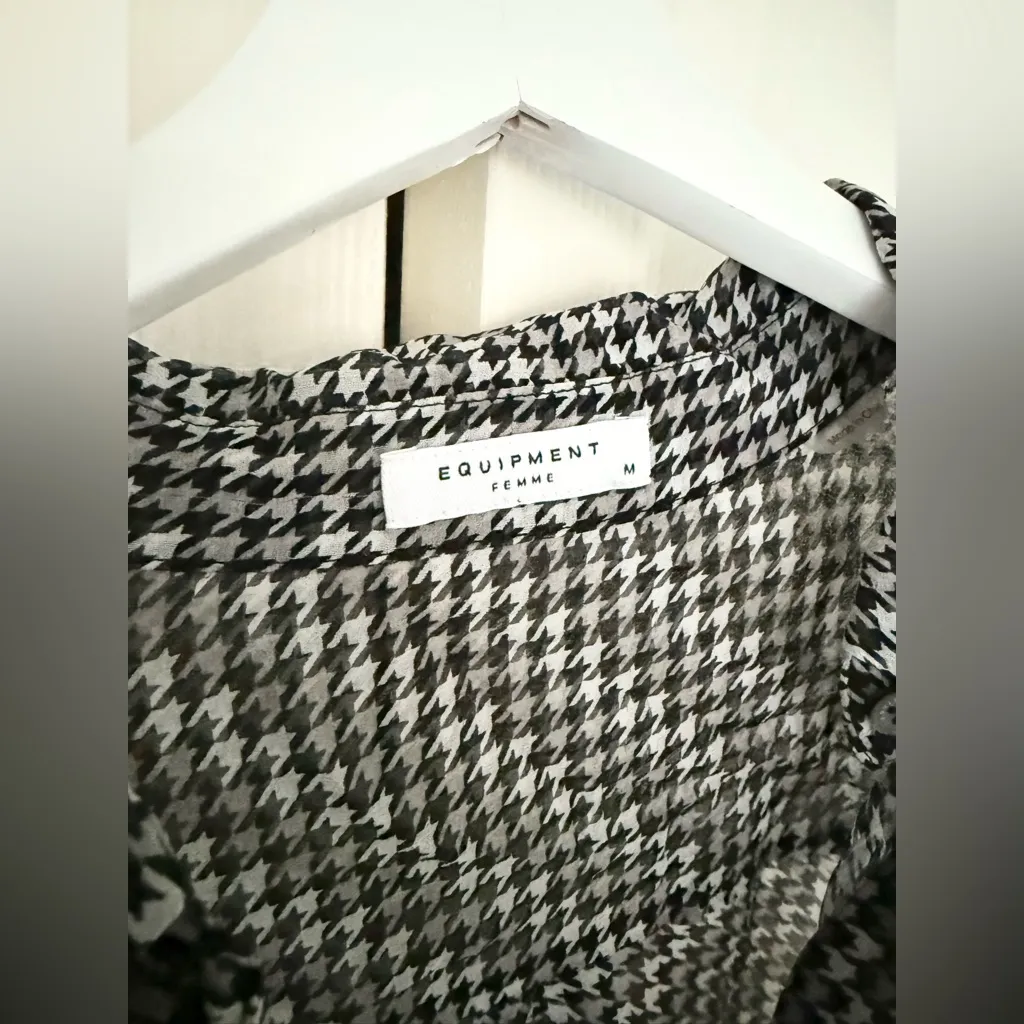 Equipment Femme Signature Silk Black White Houndstooth Sheer Button Down Blouse - Image 6