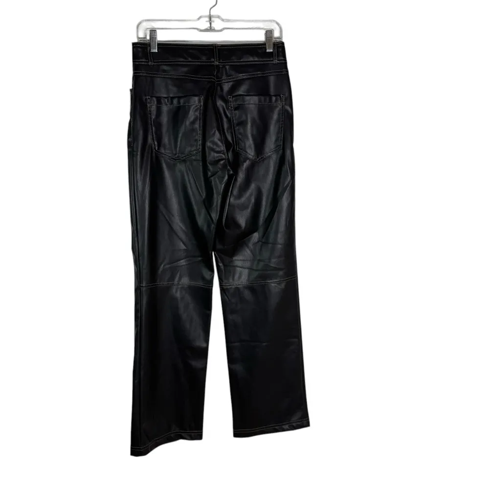 NWT ZARA Pants Faux Leather Vegan Straight Leg Contrast Stitching Black Size M - Image 6
