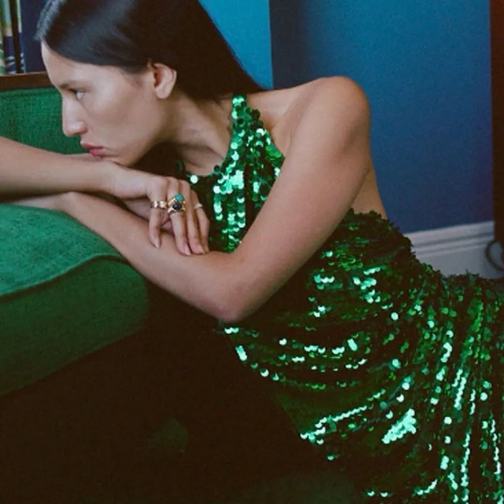 Ronny‎ Kobo Alix Green Sequined Halter Midi Gown New Small - Image 2