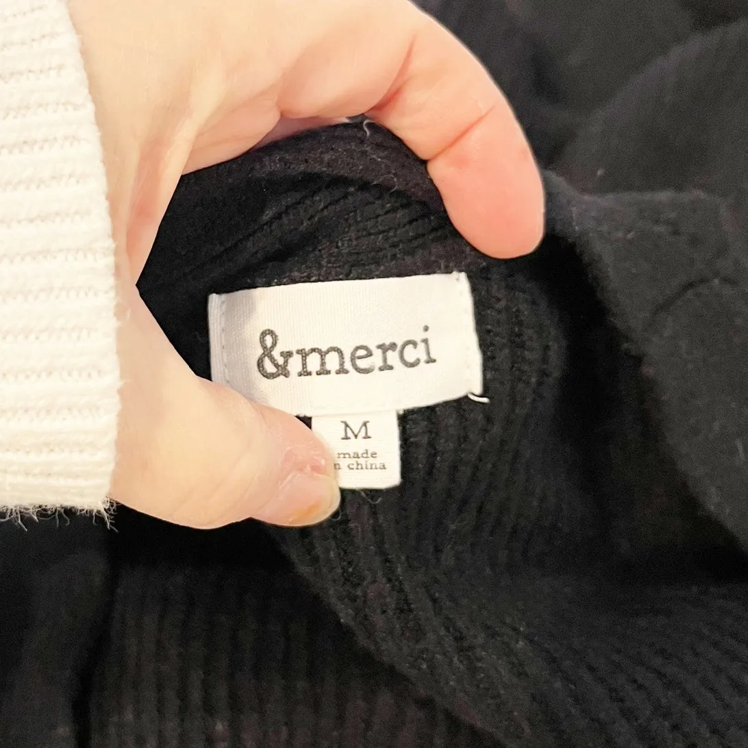 &Merci Puff Sleeve Ribbed V Neck Button Front Knit Cardigan Sweater Black Medium - Image 2