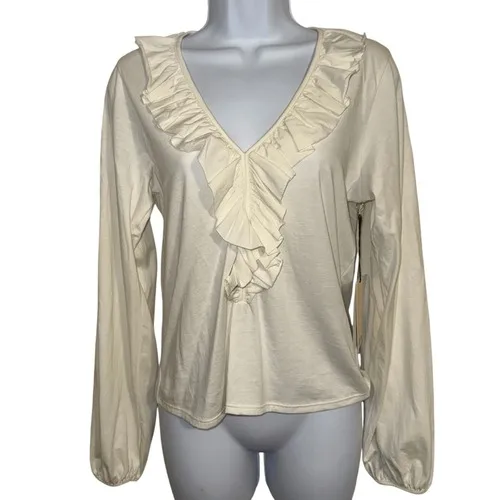 NATION LTD LOS ANGELES Giorgio Long Sleeve Ruffled Trim Top in Porcelain NWT XS‎ - Image 2
