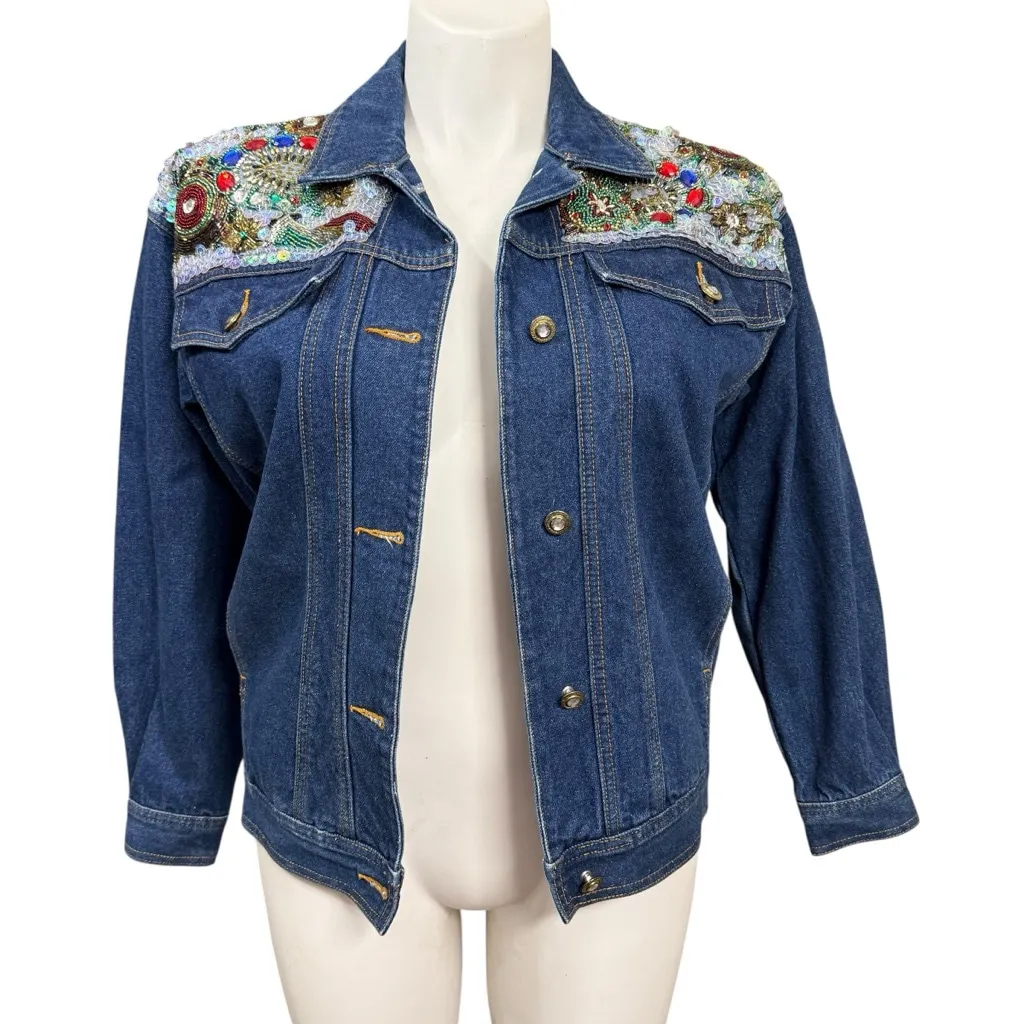 Vintage 1991 I.B. Diffusion Beaded Sequin Denim Jacket Made in Hong Kong Size L Blue Size L - Image 1