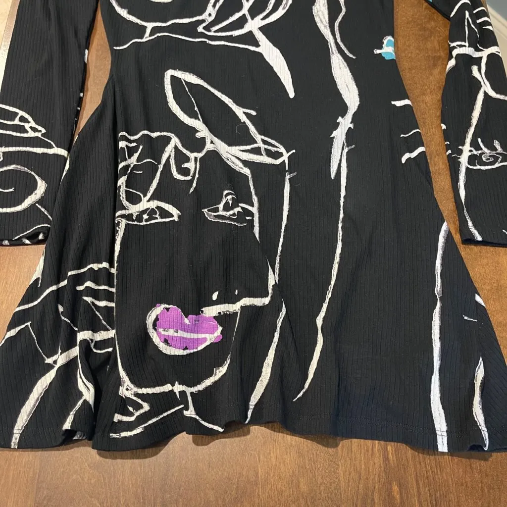 Desigual Face Print Mini Dress Women's Size Large Ribbed Knit Viscose High Neck - Image 11