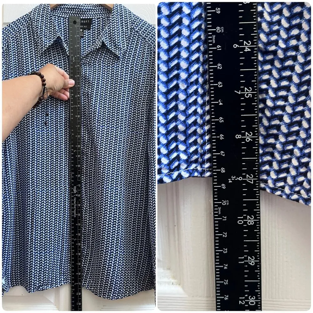 Foxcroft Shaped Fit Blue Geometric Print Rayon Button Down Shirt Size 14 - Image 7