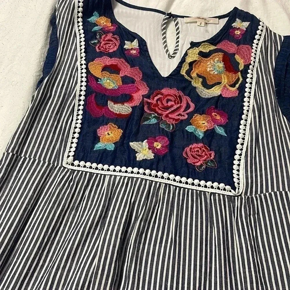 Andree embroidered floral striped spring summer dress - Image 7