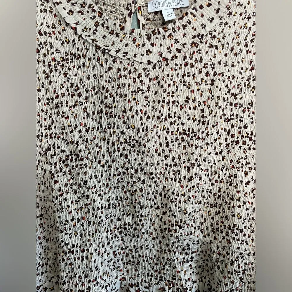 Patrons of Peace Tan Floral Smocked Ruffle Long Sleeve Crop Top Large - Image 3