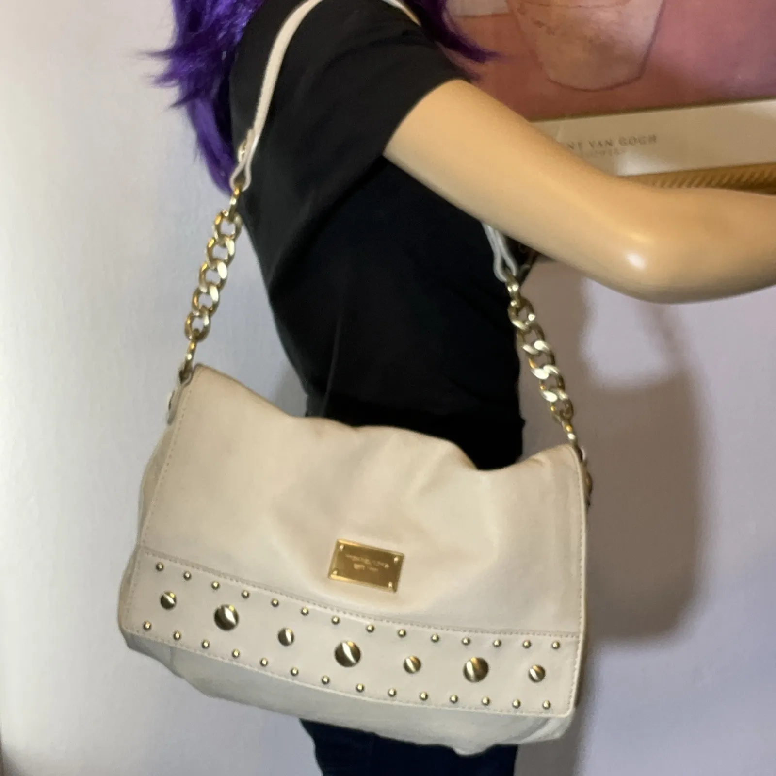 Vintage Michael Kors White Leather Gold Studded Handbag - Image 8