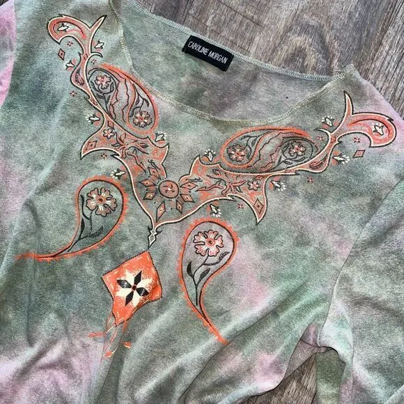 2000s Y2k Boho Paisley Tie Dye Bell Sleeves Womens Size‎ Medium Green - Image 3