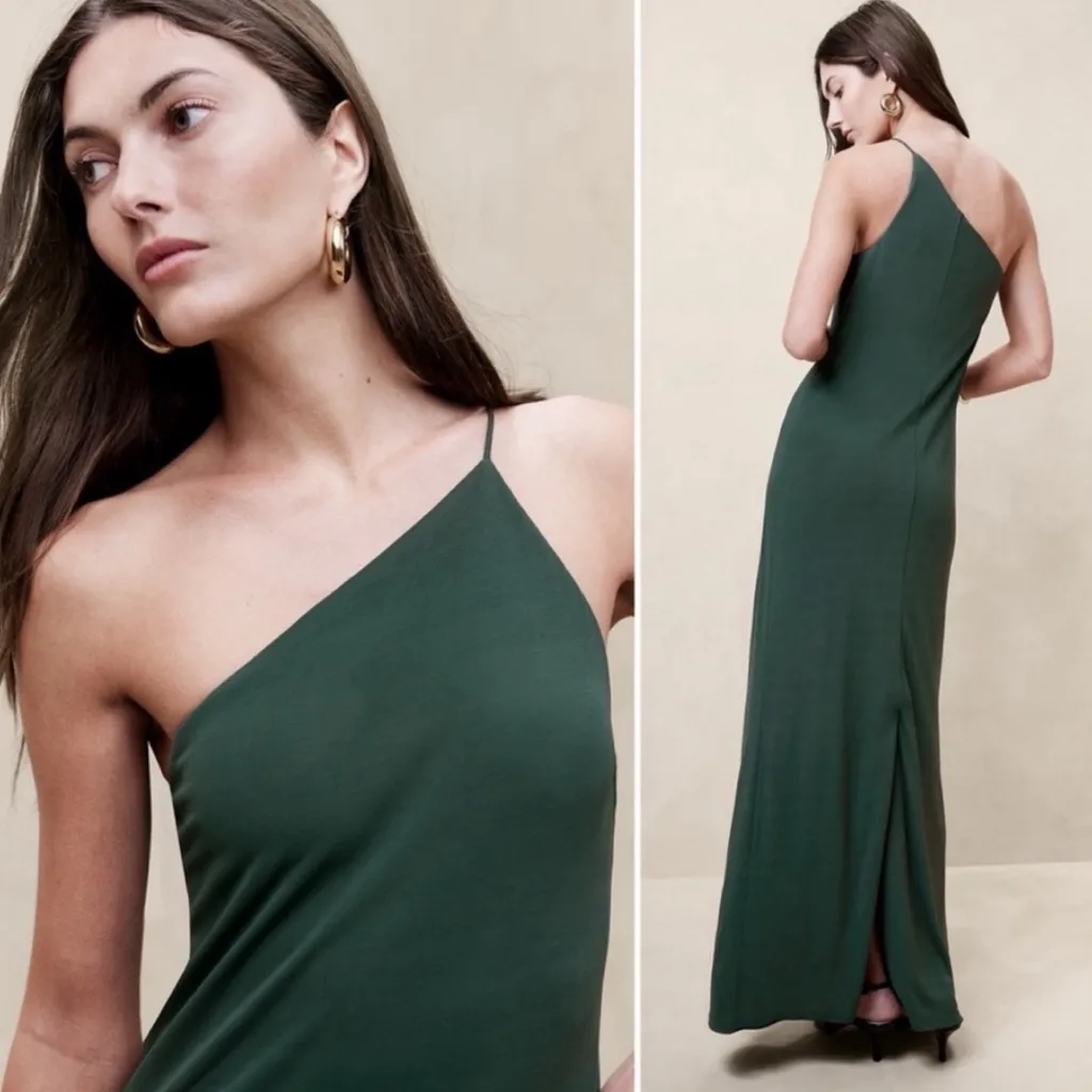 KATIA ONE-SHOULDER MAXI DRESS Black Tie Holiday Dress Large Green Event dress - Image 2