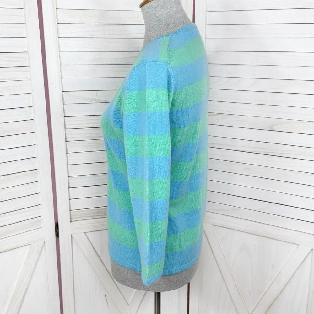 Geneva Rugby Striped Henley Cashmere Sweater Blue Green Medium Preppy Nautical - Image 2