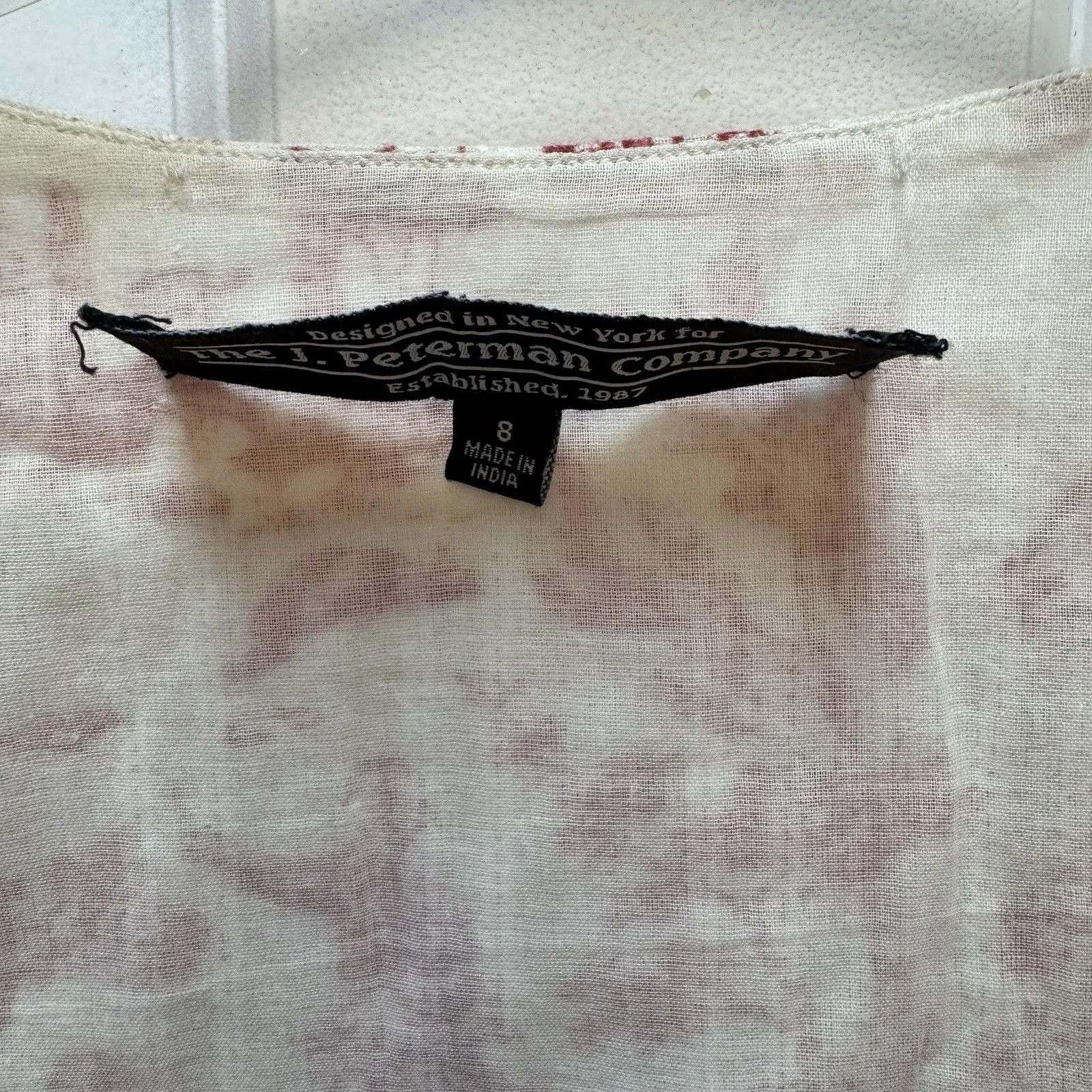 J Peterman Cotton French Toile Red and Cream Sundress Full Skirt 8 Midi Tie Belt - Image 7