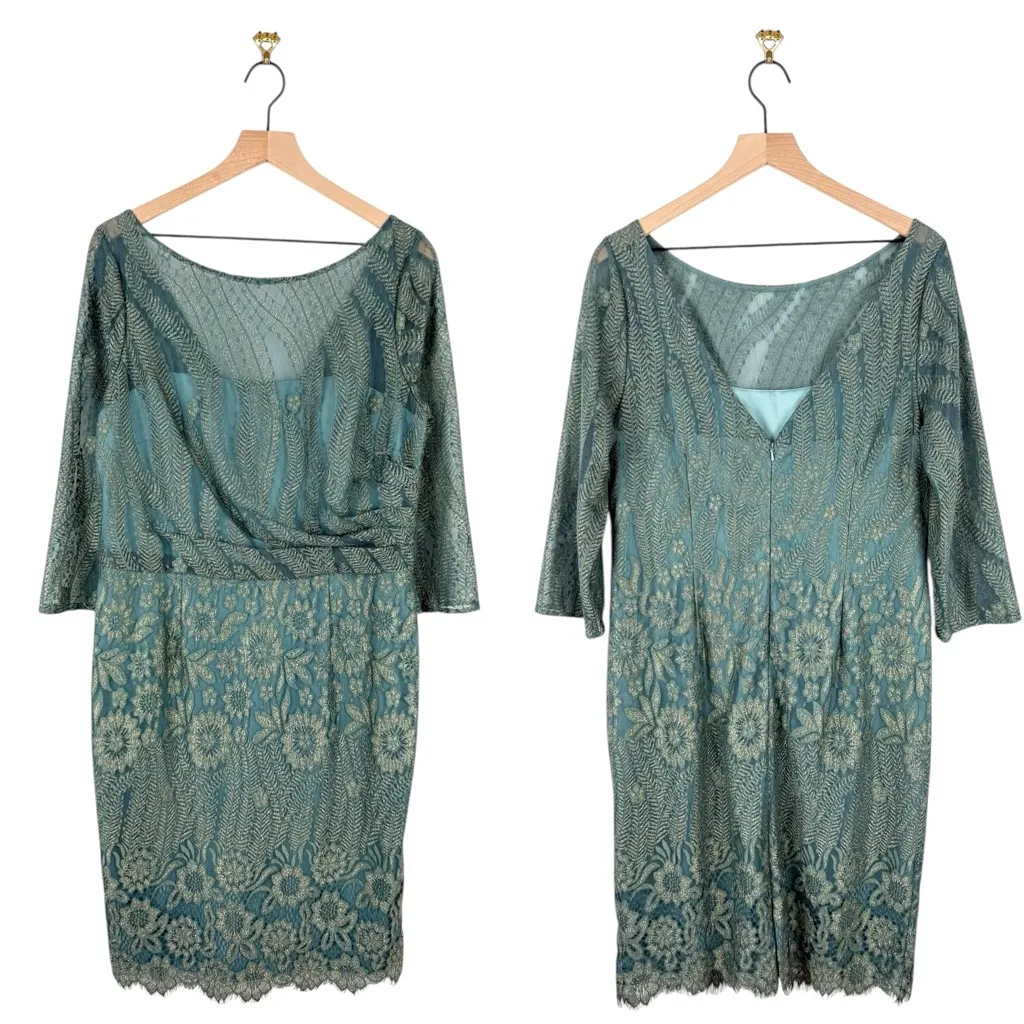 NEW JS Collections Illusion Lace Cocktail Dress Sage Gold Sz 14 Floral Metallic - Image 10