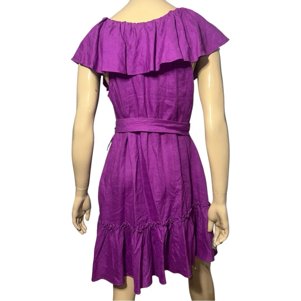 Trina Turk Out of Office Women’s Size L Purple Vacation Ruffled Linen Mini Dress - Image 6