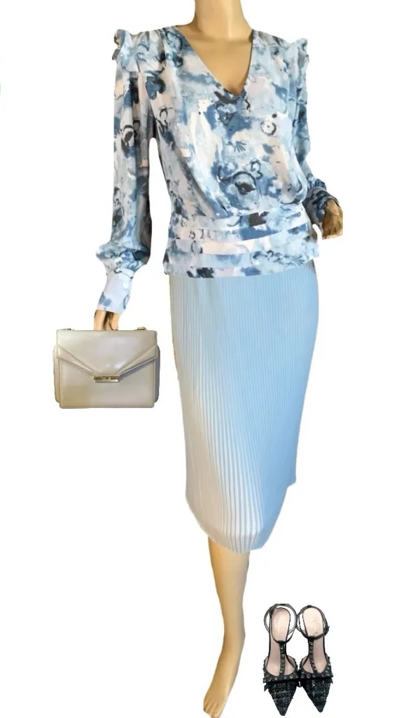 VINTAGE VICKI WAYNE BABY BLUE & WHITE ACCORDION PLEAT ELASTIC WAIST SKIRT (XL) - Image 2