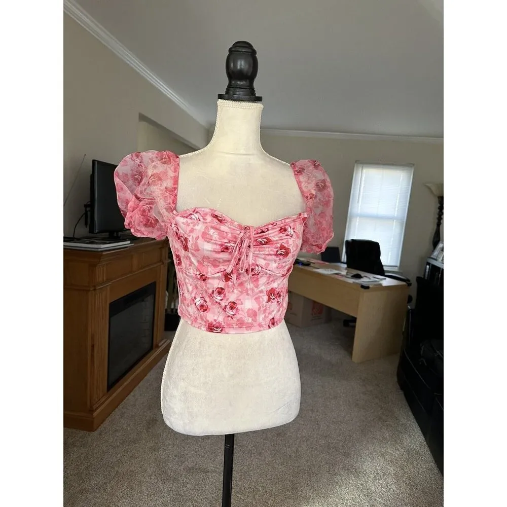 SHEIN Floral Print Knot Front Pink Crop Blouse Puffy Sleeve Size L Sheer Sleeve - Image 3