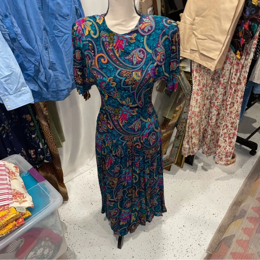 Beautiful teal floral paisley vintage flowy pleated skirt drop waist dress 80’s Blue - Image 4