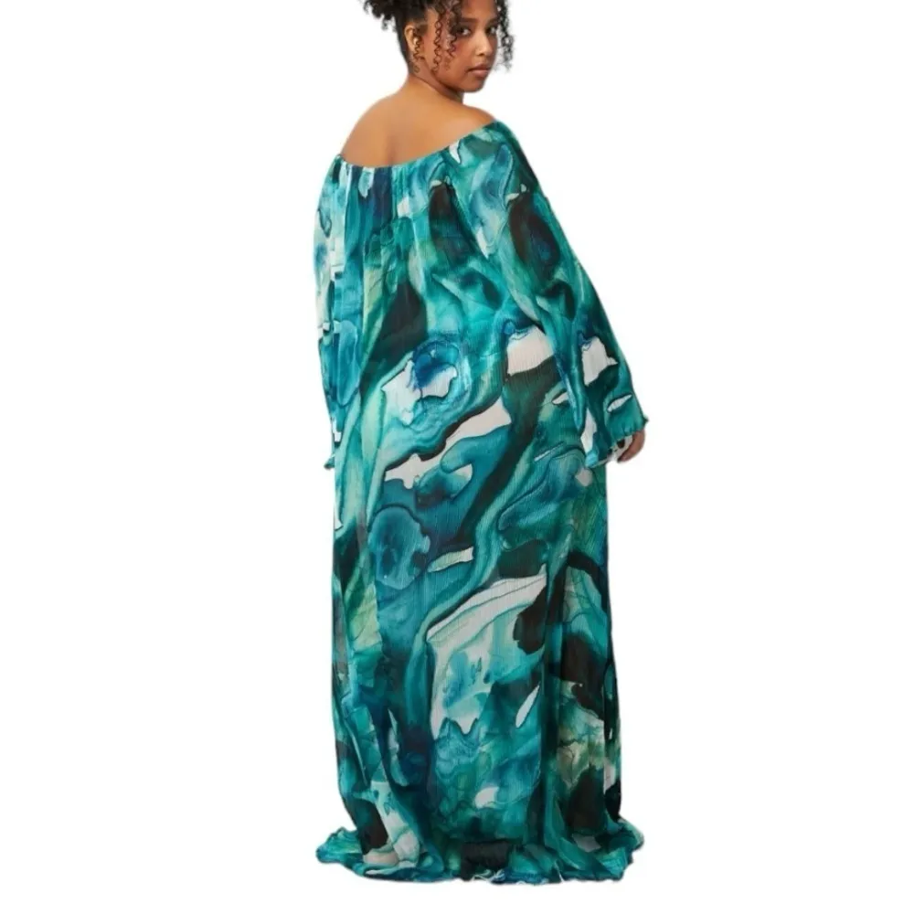 VILLA FRESCA Malia Off The Shoulder Micro Pleated Maxi Dress Blue Size 4X NEW - Image 3