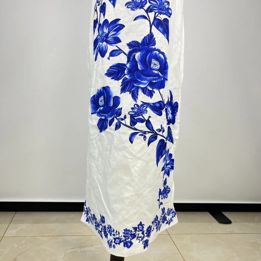 NWOT Farm Rio Off-White Blue Floral Cascade Wavy Premium Linen Midi Dress Sz XL - Image 6
