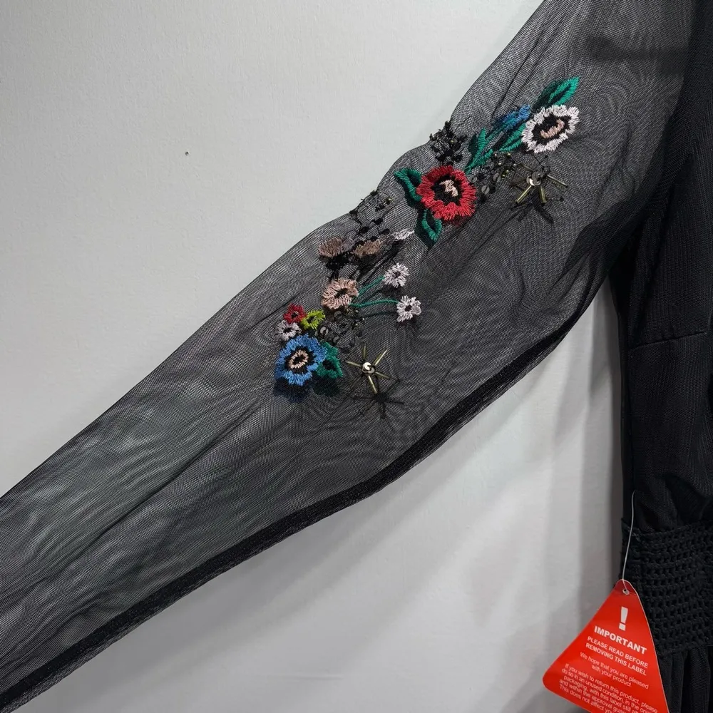 Floral Embroidered Black Maxi Dress Sheer Overlay & Long Sleeves Frock & Frill Size 14 - Image 9