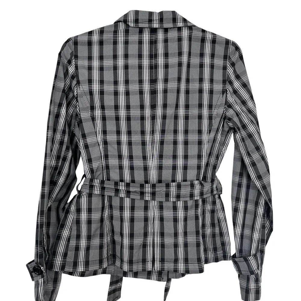 Blue Les Copains Black White Plaid Double Breasted Short Trench Coat Jacket - Image 4