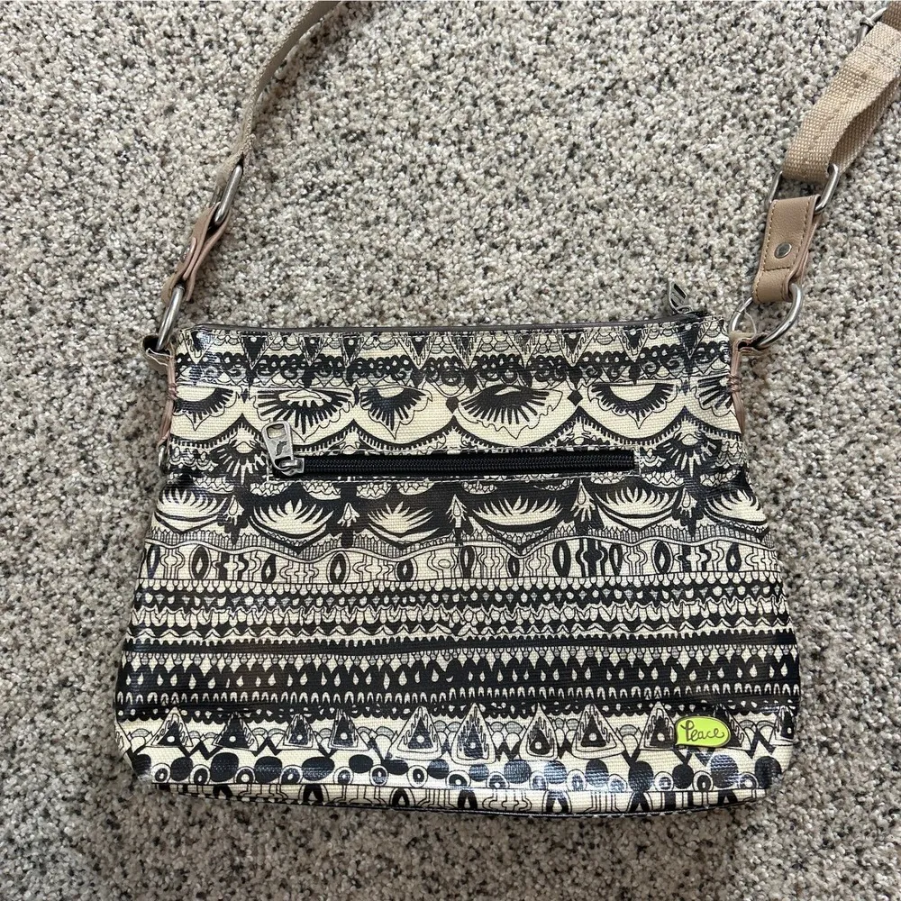 Sakroots  Crossbody Peace Bag Purse Coated Vinyl Black Tan Zip Pockets - Image 4