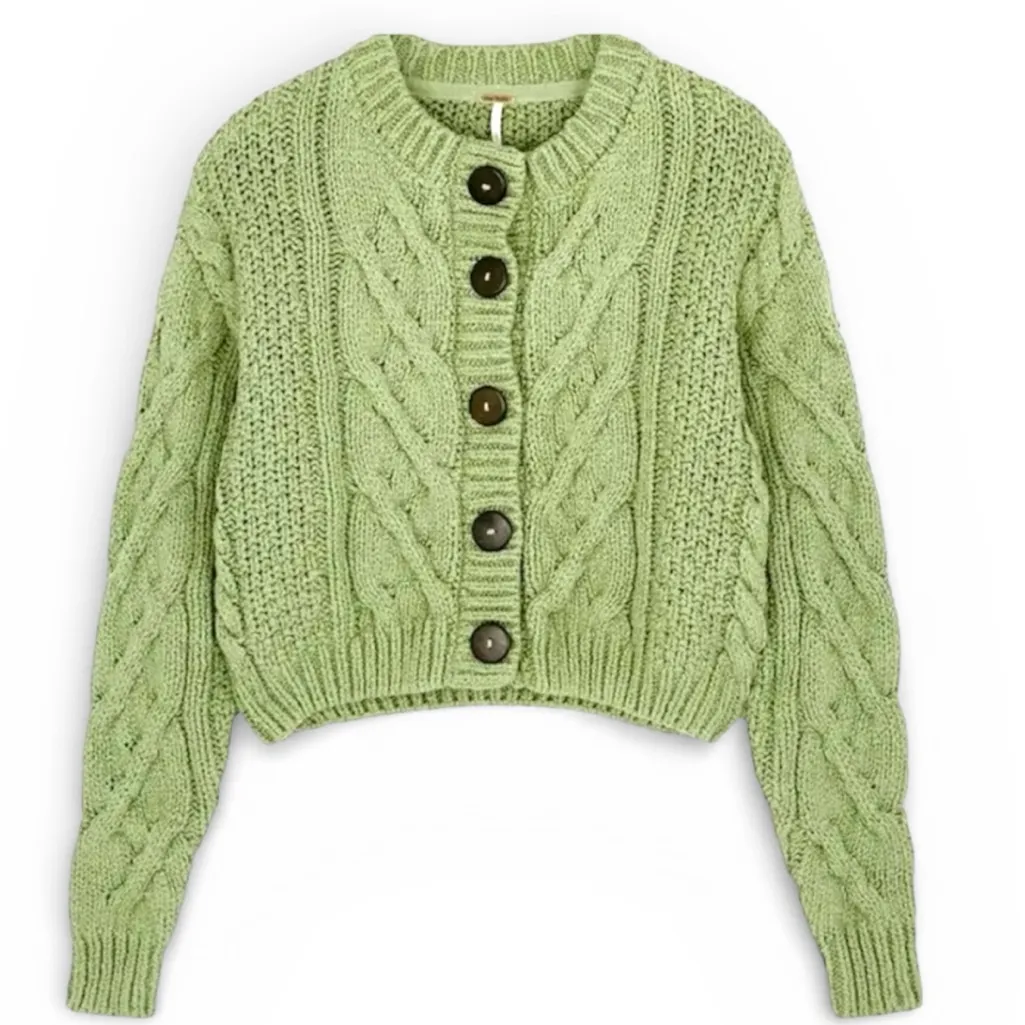 Free People Sage Green Bonfire Chunky Cableknit Cotton Crop Cardigan Small RARE - Image 16