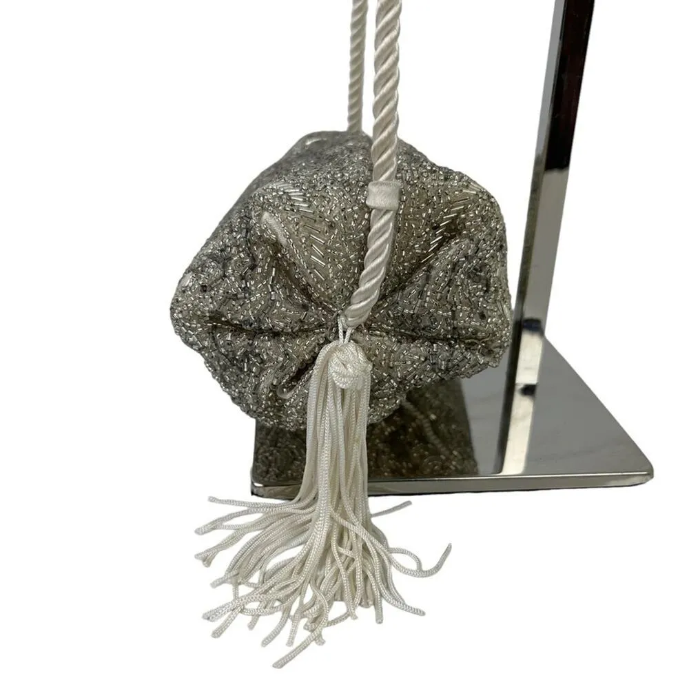 Vintage Evening Silver Beaded Crossbody Formal Bag Tassel Purse - Image 5