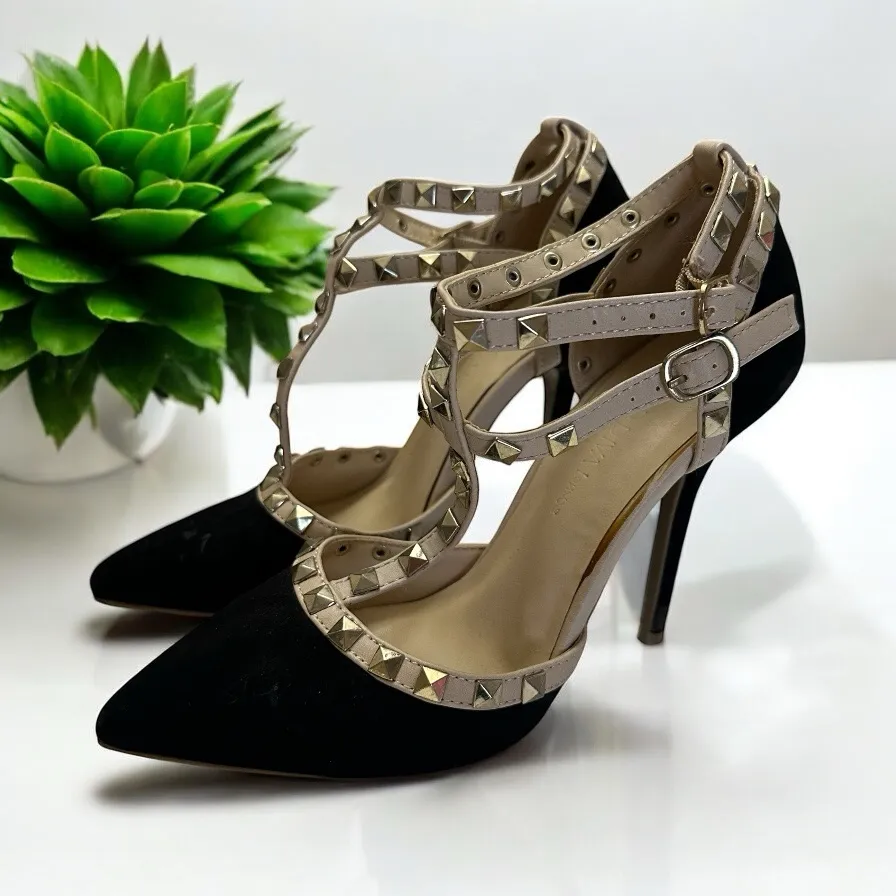 Wild Diva ADORA-64 Sexy Studded Stilletto Heels Black and Tan‎ Size 7 - Image 2