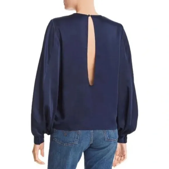 Aqua Womens Satin Bishop Sleeves long sleeve navy keyhole back Blouse S - Image 2