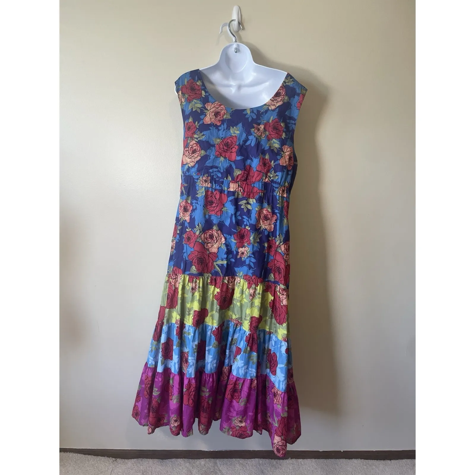 WOMAN WITHIN Midi Dress‎ Patchwork Sleeveless Floral Tiered Pockets Cotton 22W Blue - Image 5