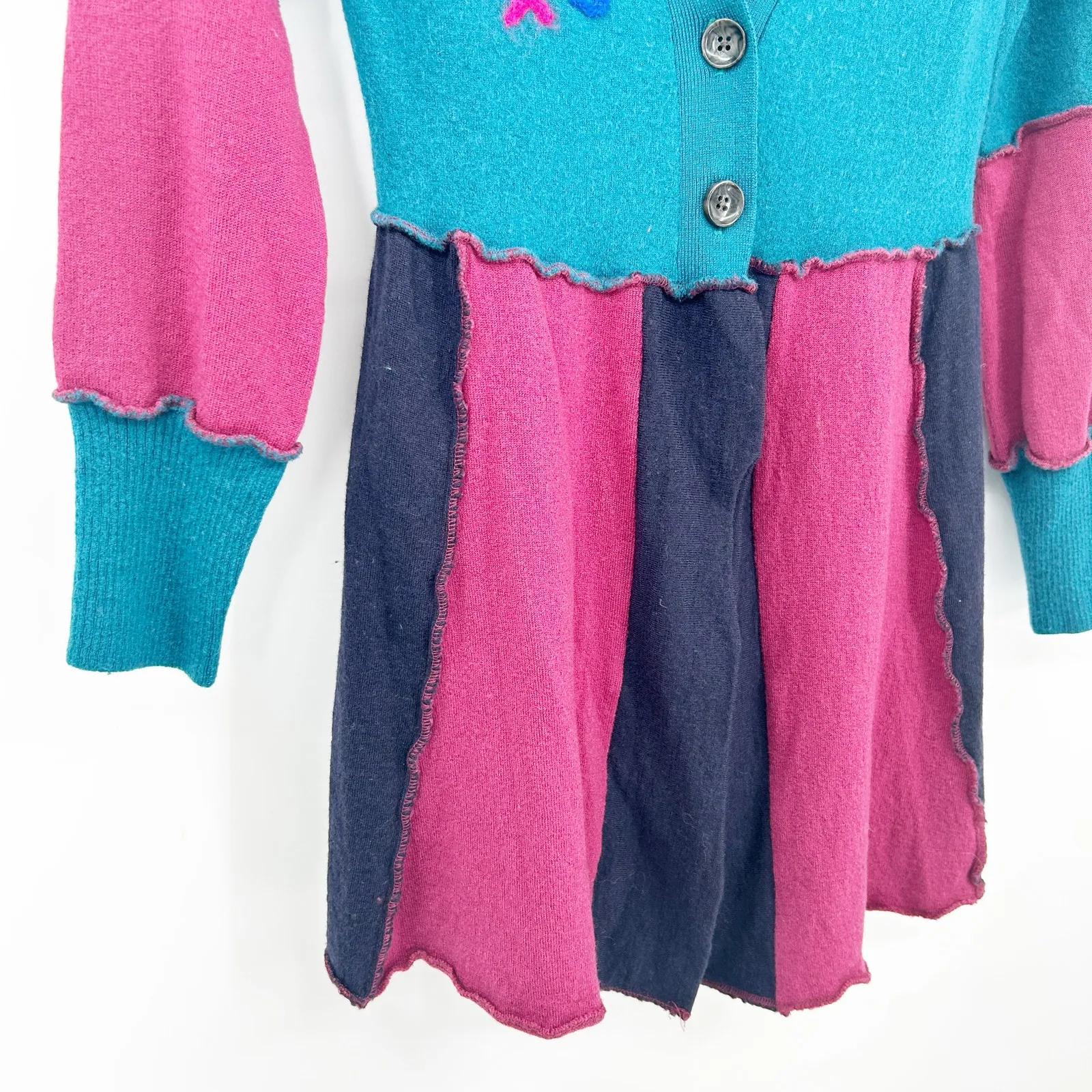 Ragged Thistle Womens Handmade Boho Hippie Mushroom Colorblock Cardigan Sweater Blue - Image 4