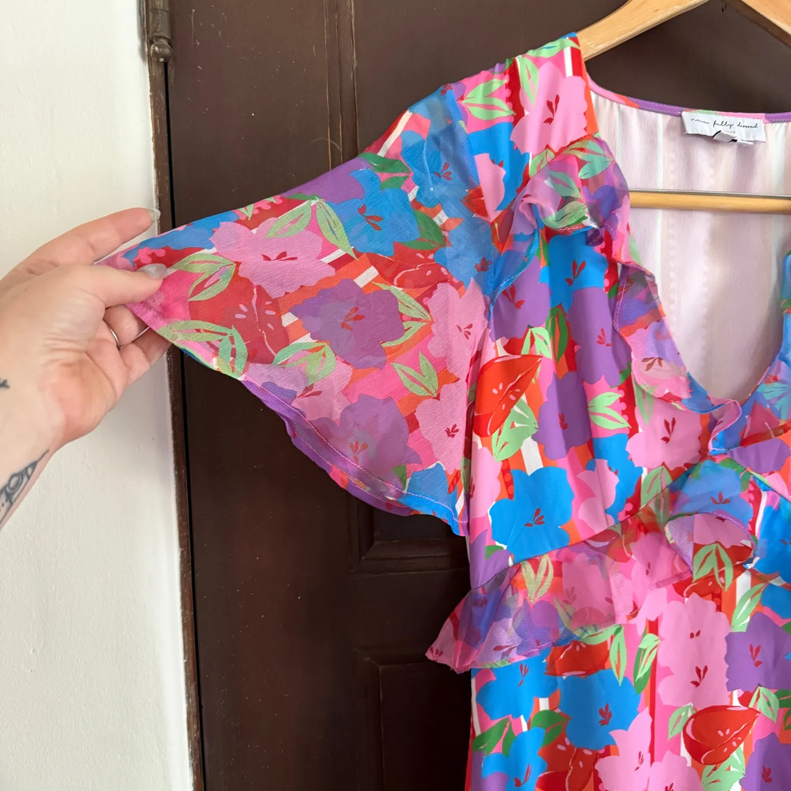 NEVER FULLY DRESSED | Saski Bold Pink Floral Ruffle Hem Midi Dress | Size 6 - Image 6