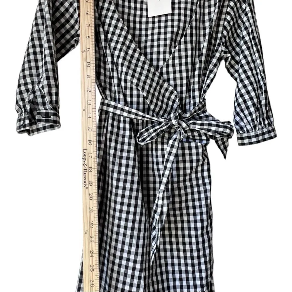 Womens Gingham Country plaid wrap dress long sleeve black white XS. - Image 6
