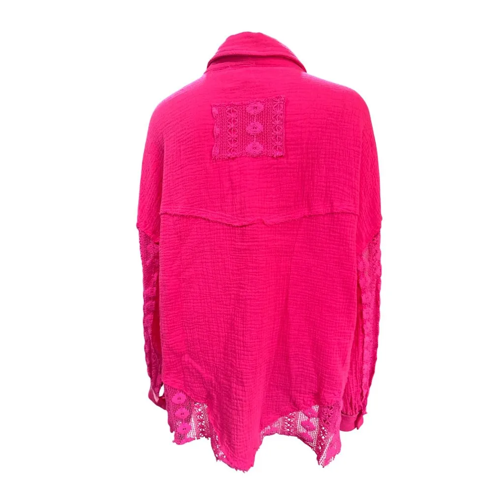 Andree By Unit XL Hot Pink Cotton Lace Shacket Button Front Textured Boho Core - Image 5