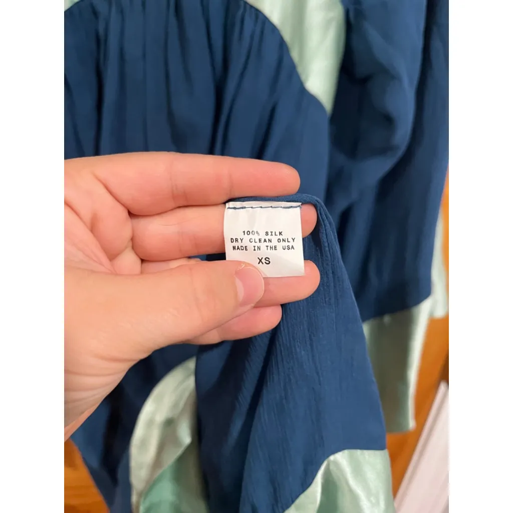 Vintage MarieMarie 100% Silk Colorblock Kimono Sleeve Dress XS Blue Green Made a - Image 3