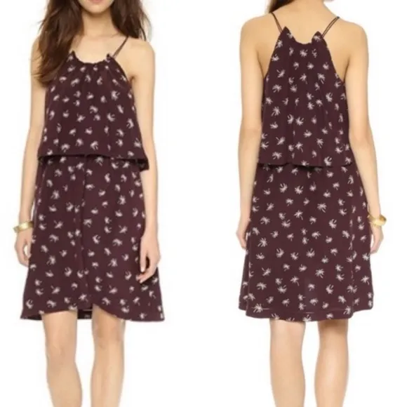 Madewell 100% Silk Dream Drift Overlay Palm Trees Dress Maroon Purple - Image 2