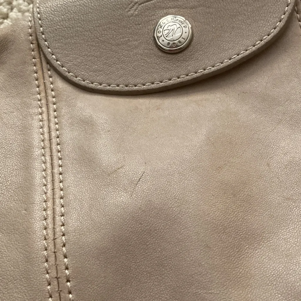 Longchamp Le Pliage Beige Leather Mini Crossbody Handbag Genuine Leather GUC - Image 4