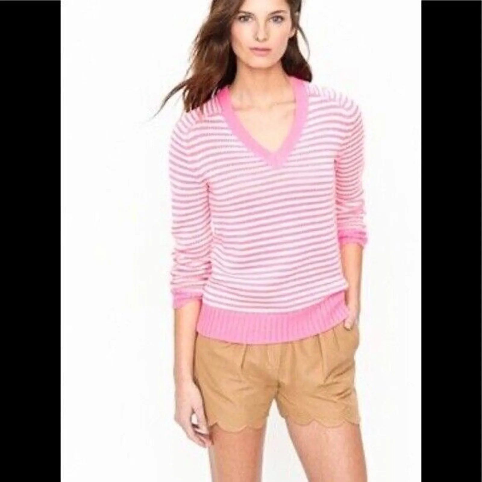 J. Crew‎ hot pink White striped sweater Women’s Size XXS V - Image 2