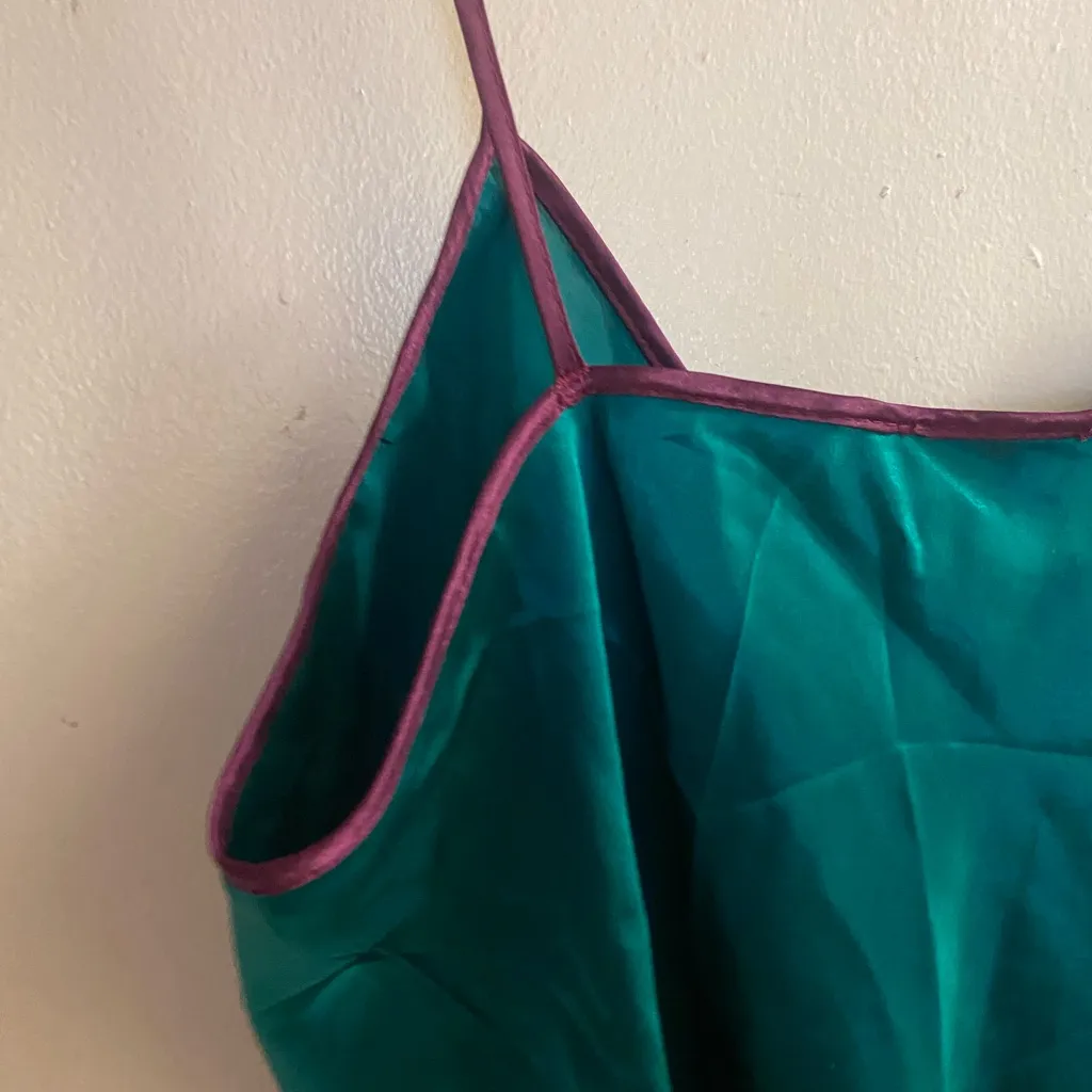 Vintage Escapades Womens Green Satin Cami Camisole Tank Top M Medium Purple Trim - Image 5