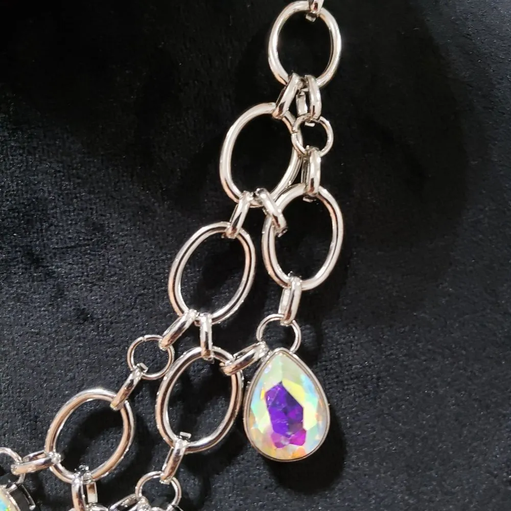 Show Stopping Shimmer Iridescent Gunmetal & Multi Oil Spill Rhinestones Necklace Silver - Image 2