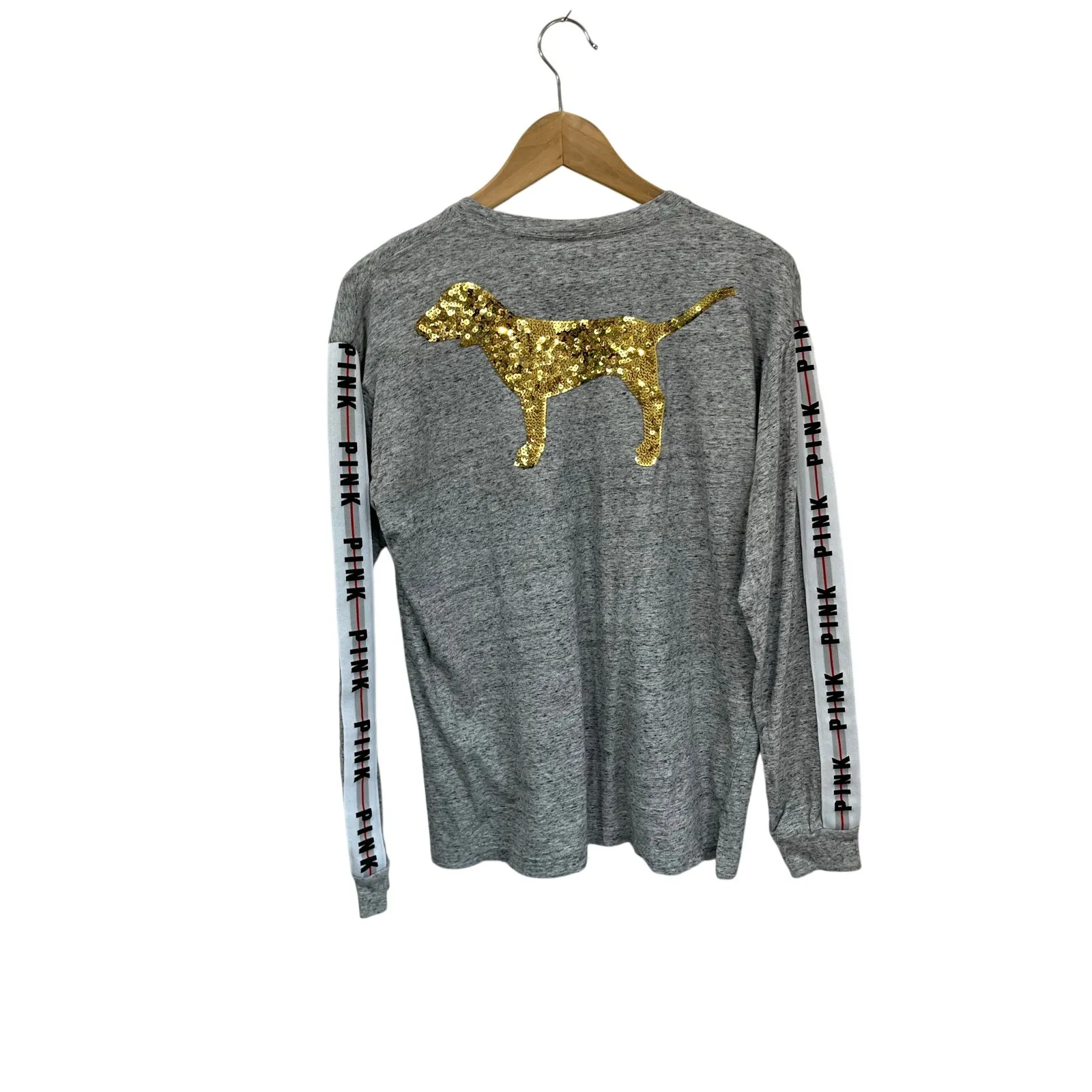 Victoria’s Secret PINK Gray Bling Gold Dog Campus Long Sleeve Tee Size S - Image 2