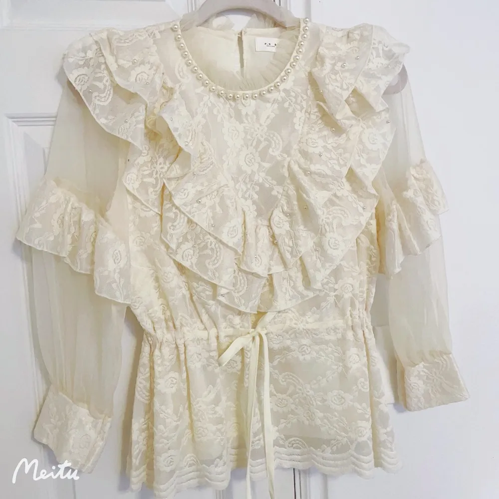 Korean Balletcore Pearl Ruffle Embroidered Floral Chiffon Peplum Blouse Shirt Size XS - Image 2