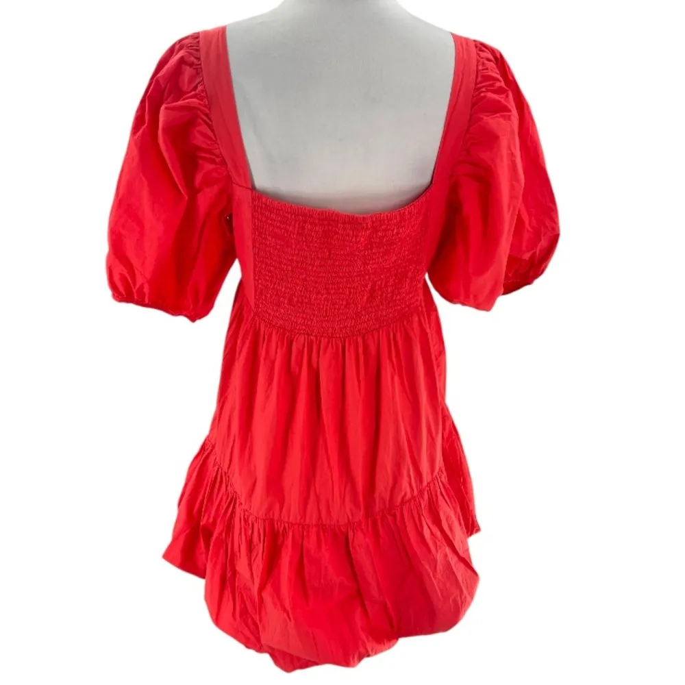 Oliphant bubble puff sleeve mini Dress Coral Cotton Vacation Sz M Red Size M - Image 3