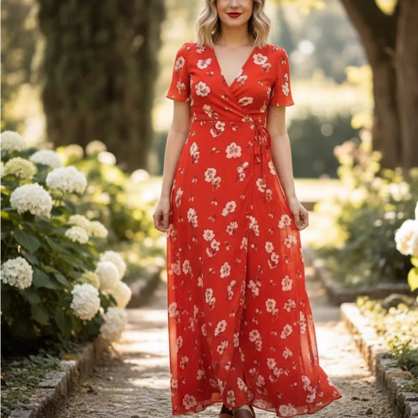 Ralph Lauren Red Floral wrap Dress Size 12 black label - Image 3