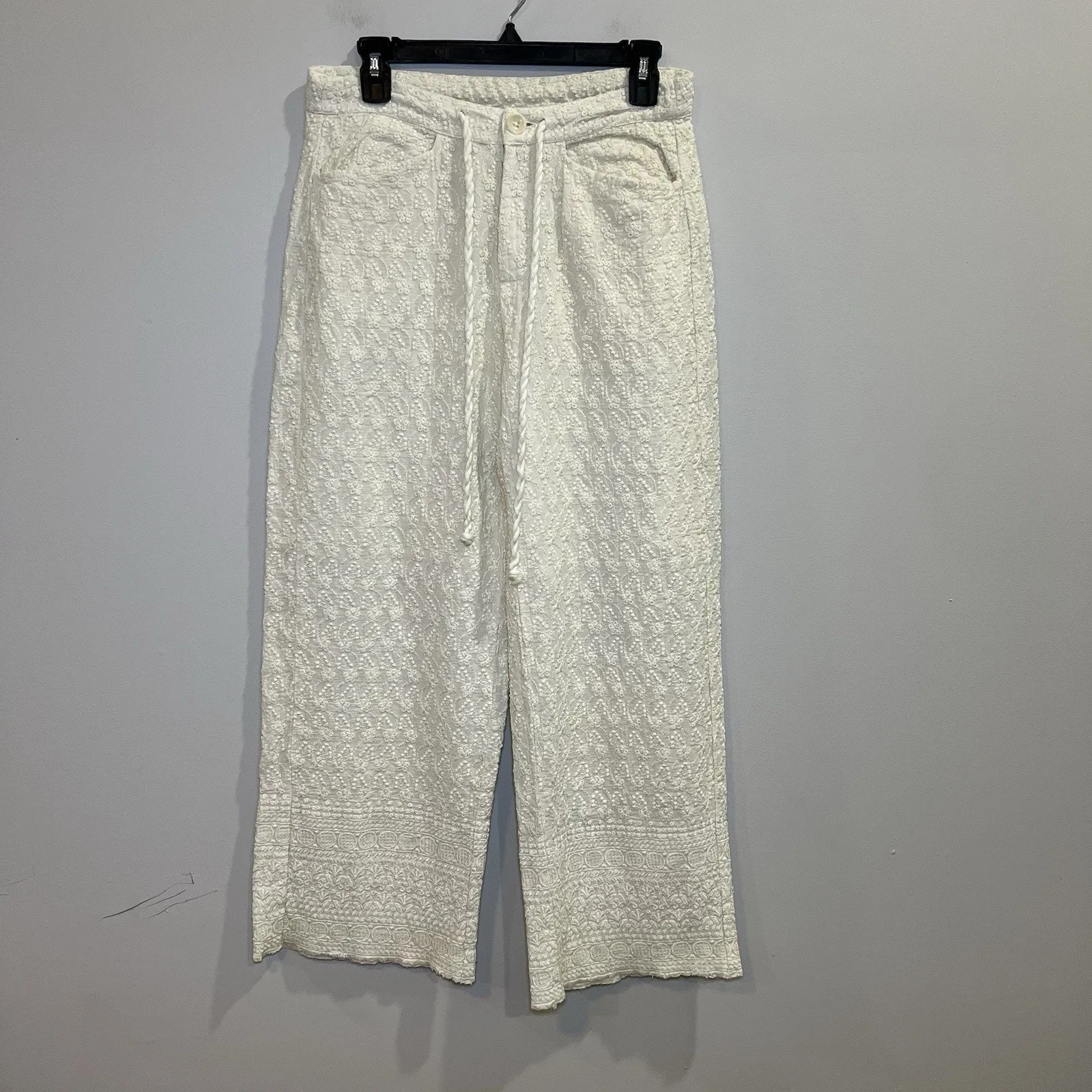 Sundance Solstice Embroidered Cream Wide Leg Cropped Pants size medium NWT - Image 2