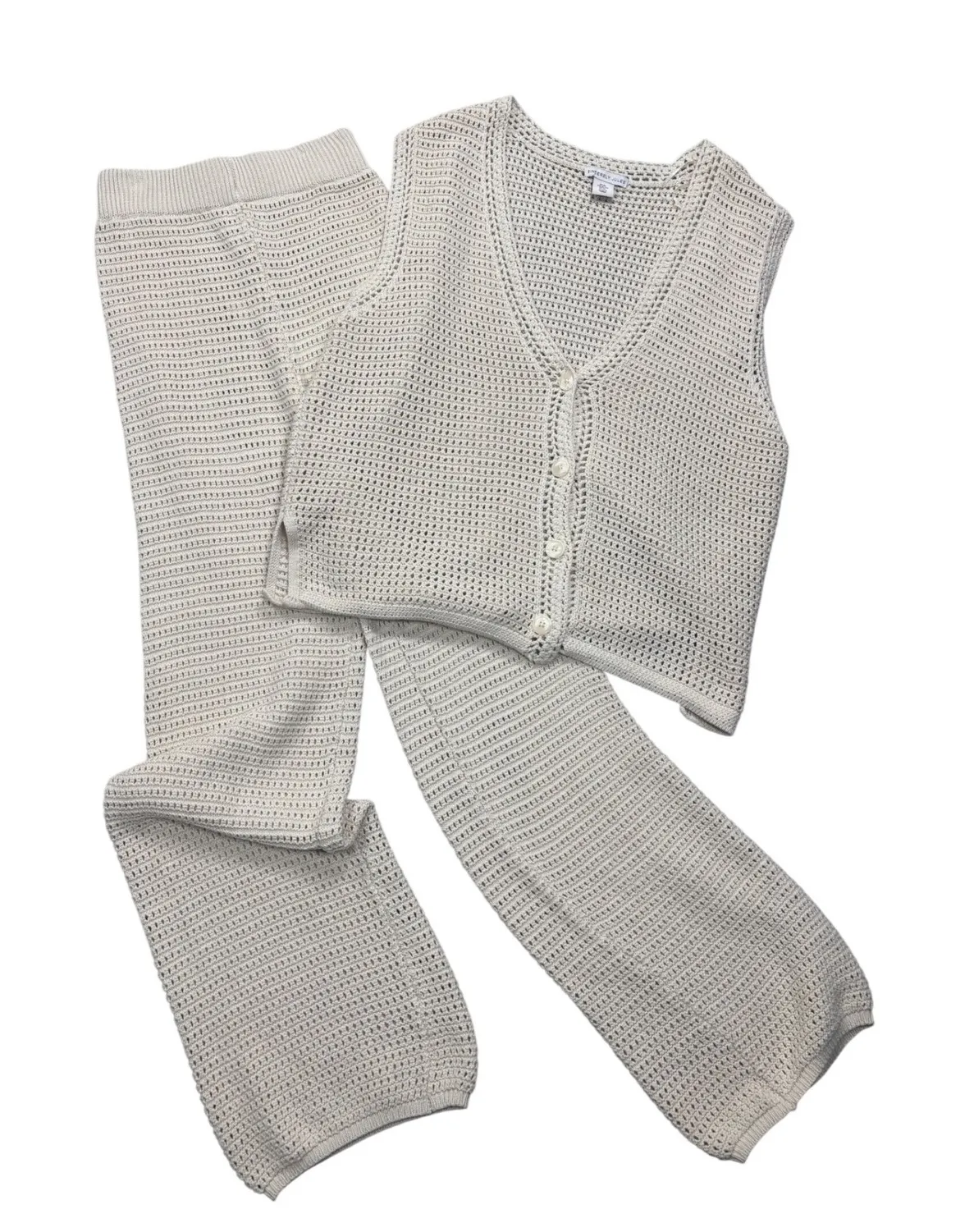 Sincerely Jules XL Chera Cream Crochet Knit Button Front Vest Wide Leg Pants Set - Image 1