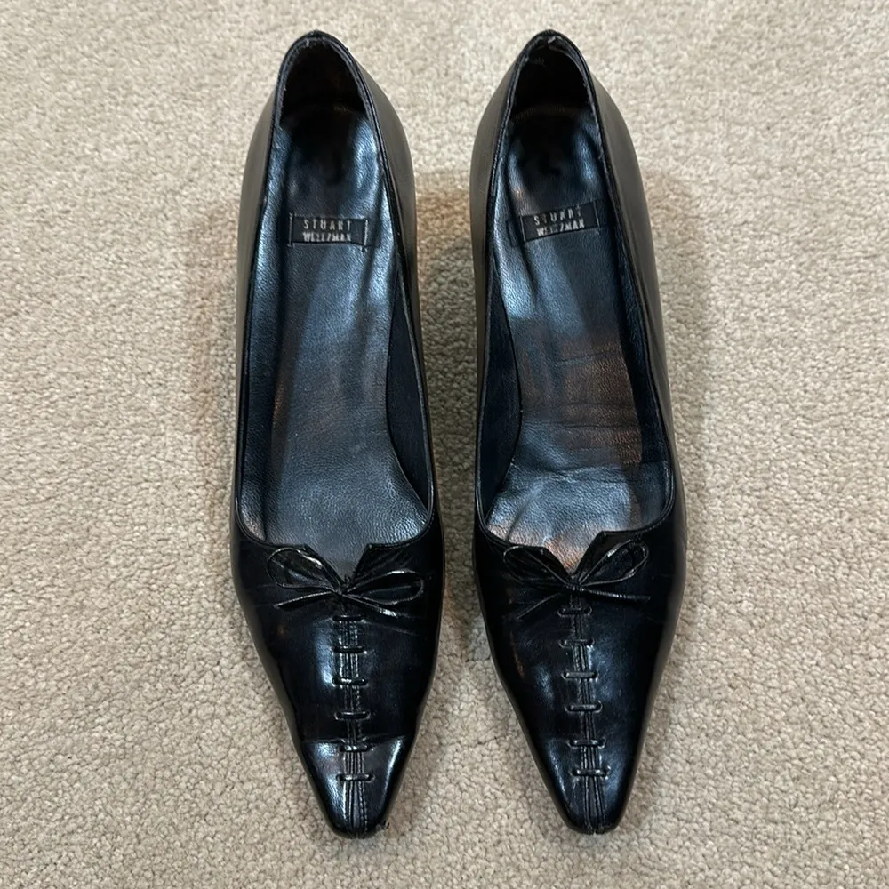 Stuart Weitzman Black Leather Kitten Heel Bow Vintage Pointed Toe Women 8.5B - Image 2